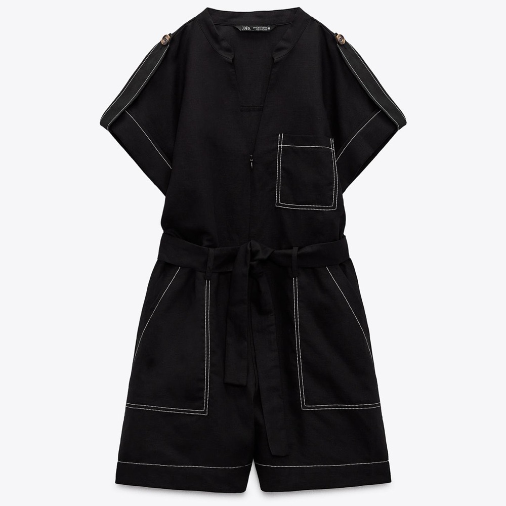 Zara Contrast Topstitched Short Jumpsuit